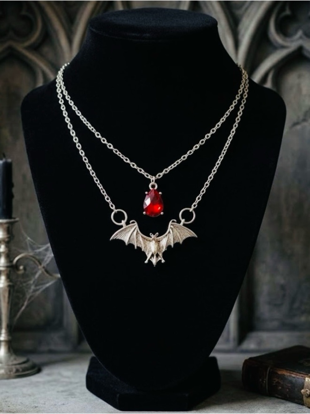 Hand Crafted Silver Bat Necklace with Red Gemstone